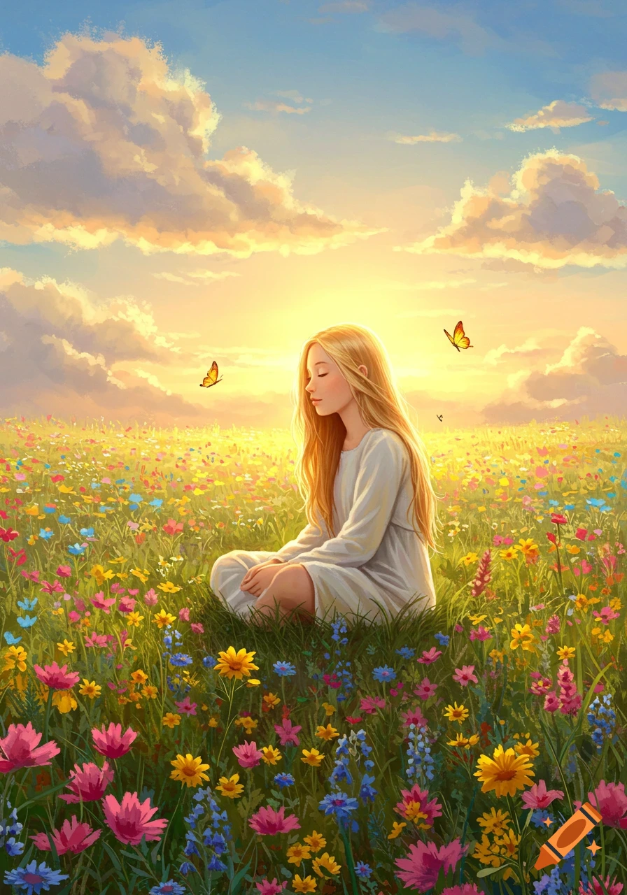 A young girl meditates in a vibrant wildflower field at sunset, with golden light and clouds and butterflies.