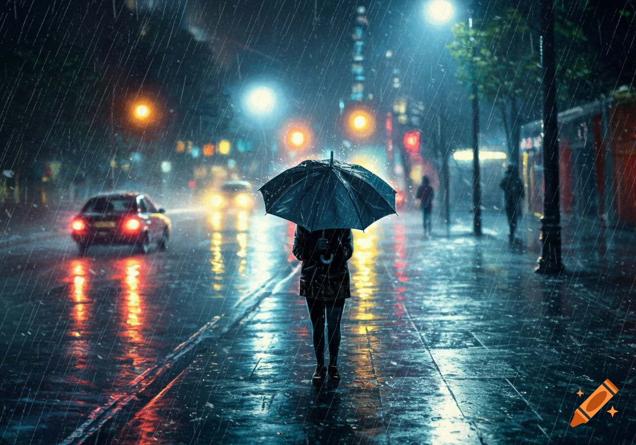 A person with an umbrella walks down a wet city street at night in the rain, with cars and streetlights reflecting on the pavement.