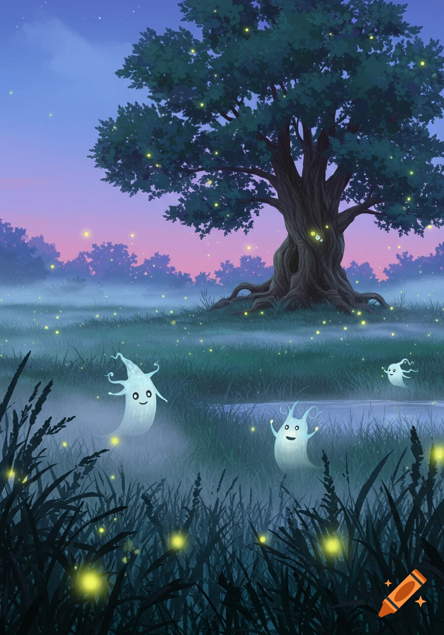 Whimsical illustration of three friendly ghost-like spirits in a misty, moonlit forest with a large tree and glowing fireflies.