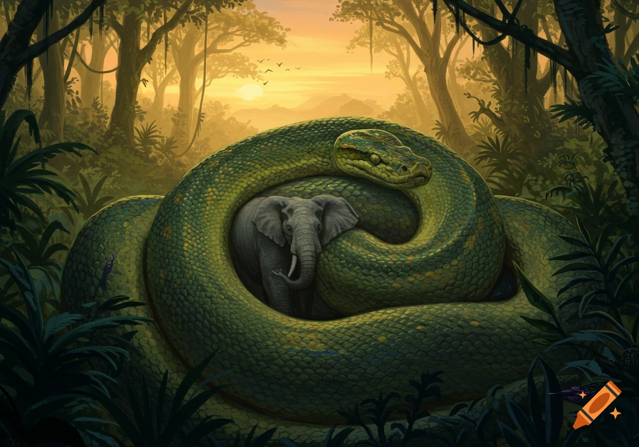 A giant green snake coiled around an elephant in a lush jungle at sunset.