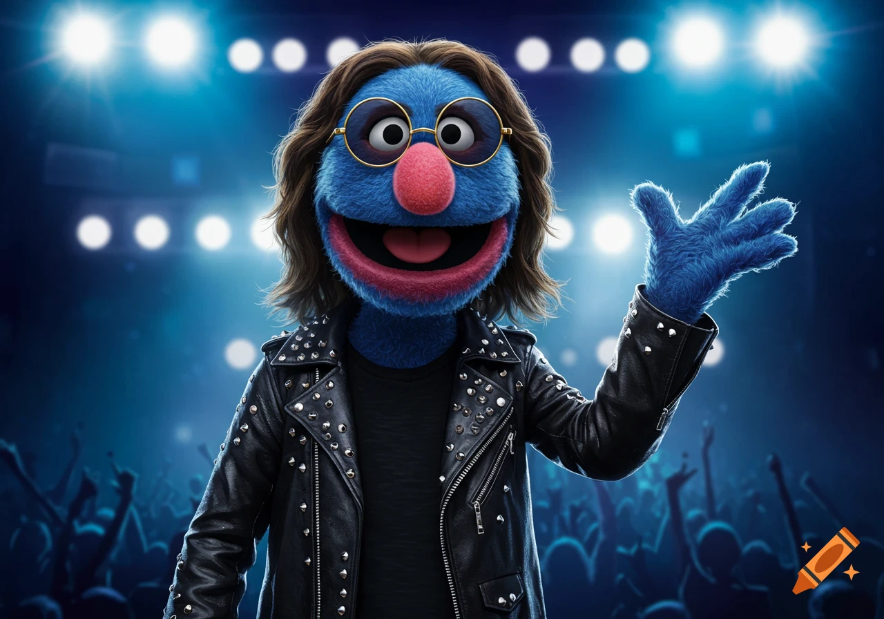 Grover from Sesame Street, dressed as a rock star with a studded leather jacket and glasses, smiles on a bright blue concert stage.