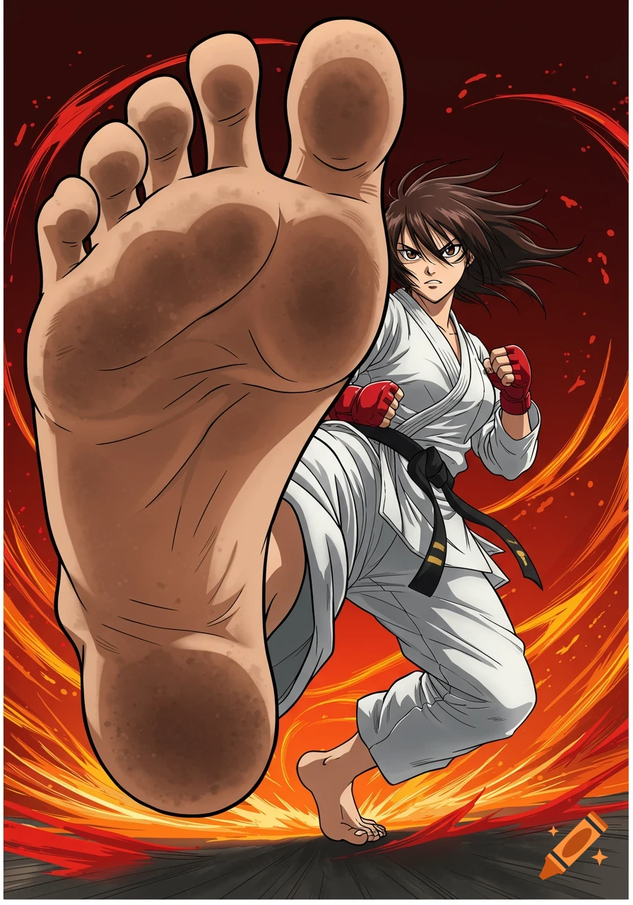 Anime-style martial artist in a white gi, red gloves, kicking towards the viewer with a large foot in the foreground.