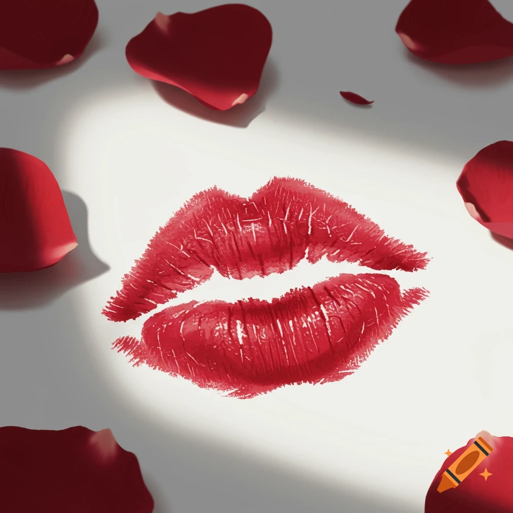 A vibrant red lipstick print on a white surface, surrounded by scattered red rose petals with subtle shadows.