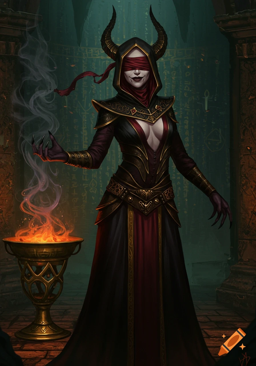 A sinister female cultist in a dark, hooded robe with horns and a blindfold, standing next to a burning censer in a mystical chamber.