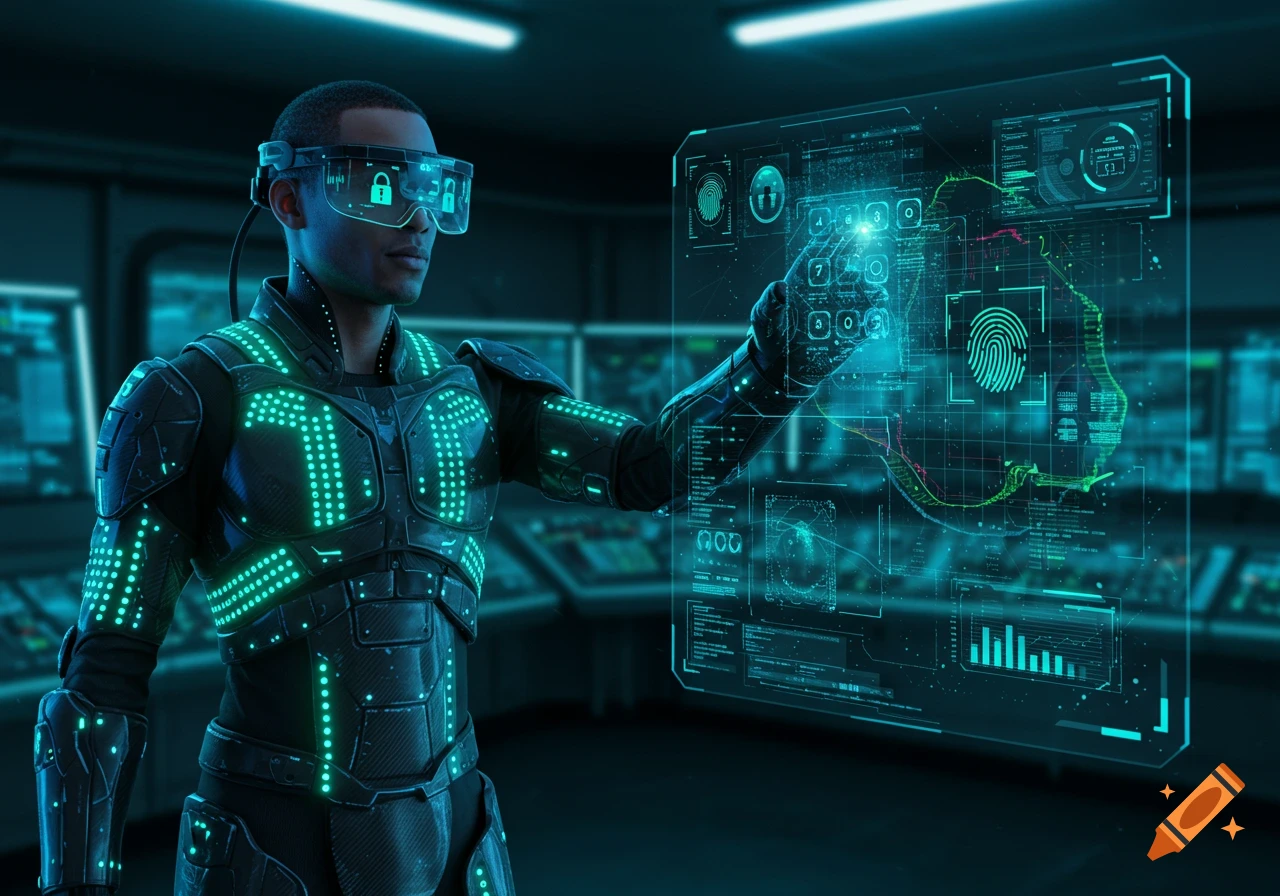 A futuristic man in a glowing suit and VR glasses interacts with a holographic security interface.