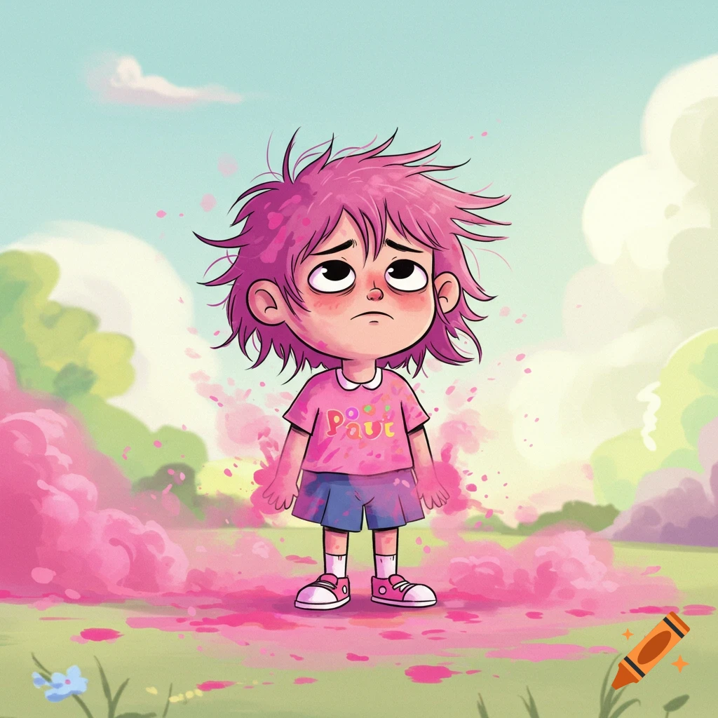 A cartoon girl with pink messy hair and a disappointed frown stands covered in pink dust in a grassy field.