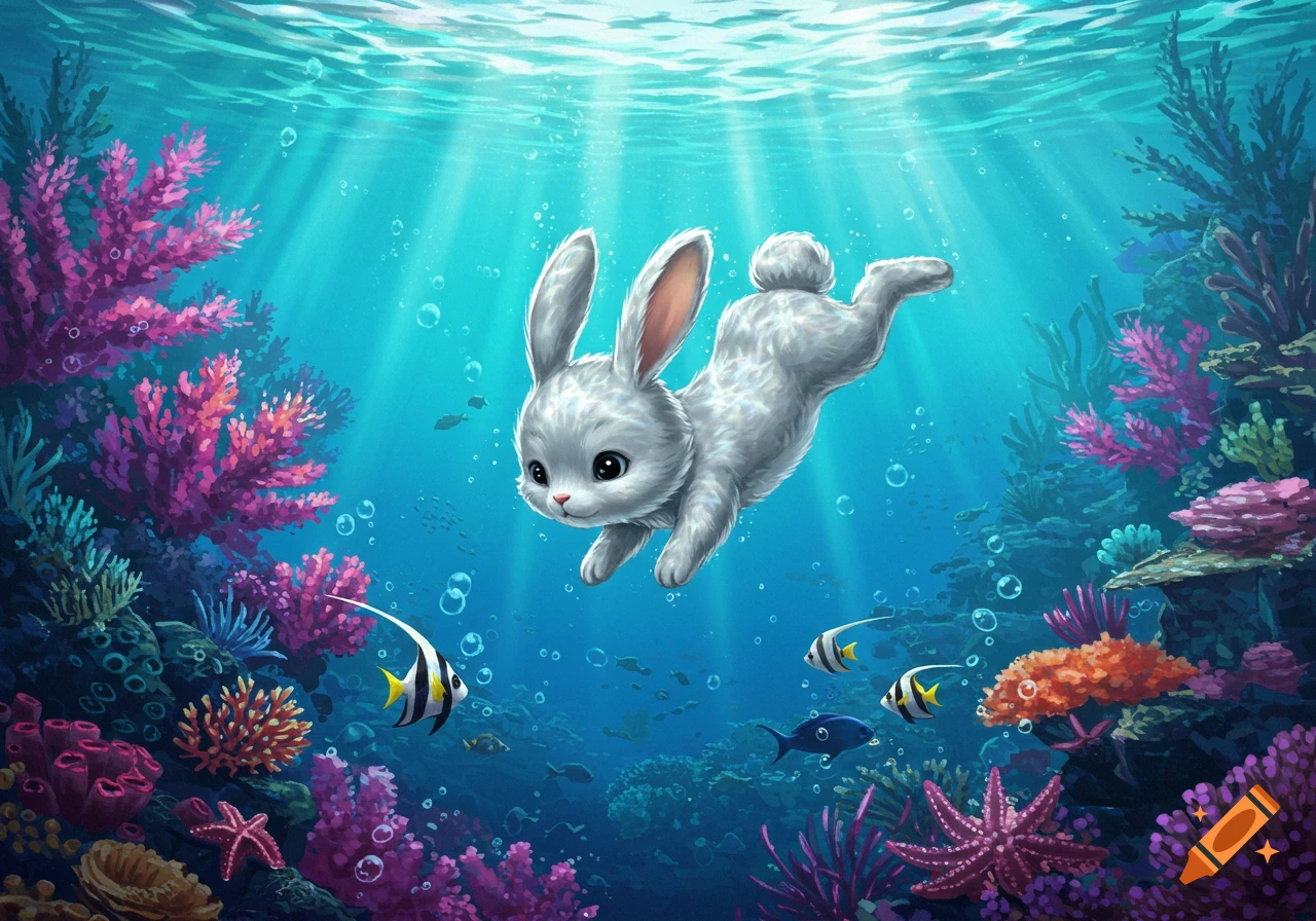 A cute white bunny swims gracefully underwater amidst colorful coral, fish, and bright sunbeams in a vibrant digital illustration.