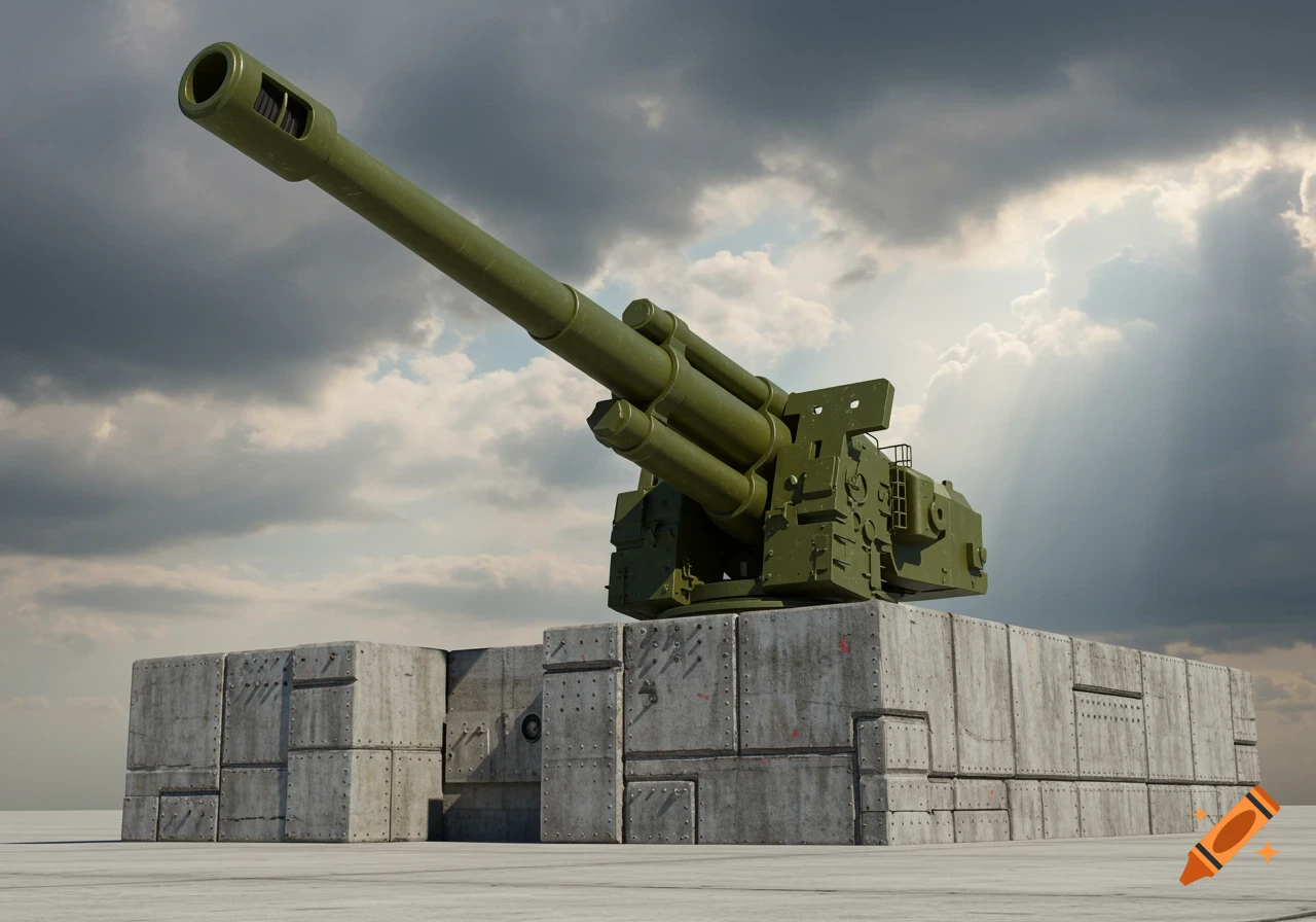 A large, olive green artillery cannon is mounted on a massive concrete block structure against a cloudy sky.