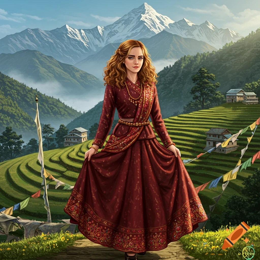 A young woman with curly red hair, resembling Hermione Granger, poses in a red traditional dress on a path overlooking terraced fields and snow-capped mountains.