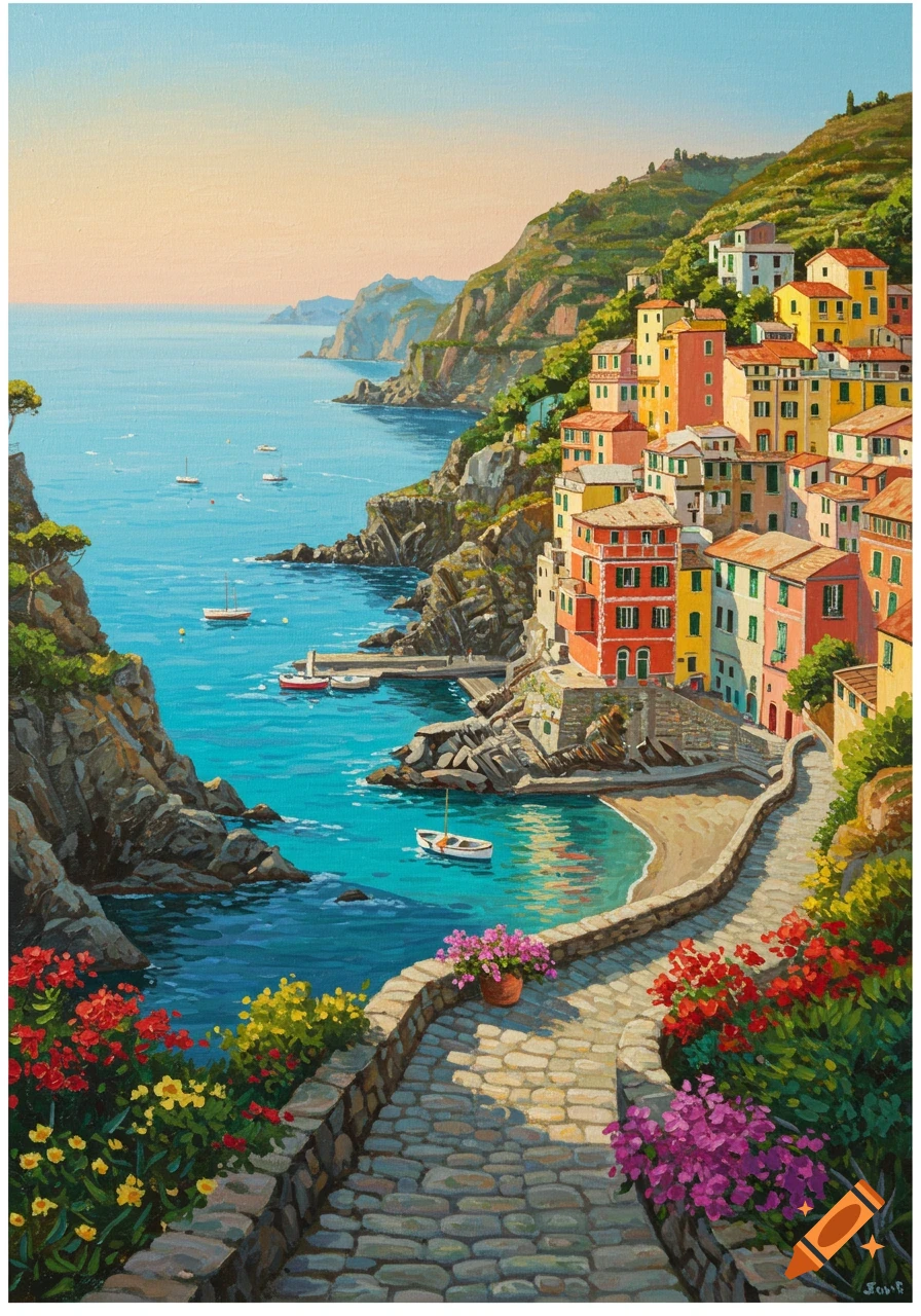 Vibrant painting of a colorful coastal town built into a cliffside overlooking turquoise waters, with boats, a stone path, and flowers.