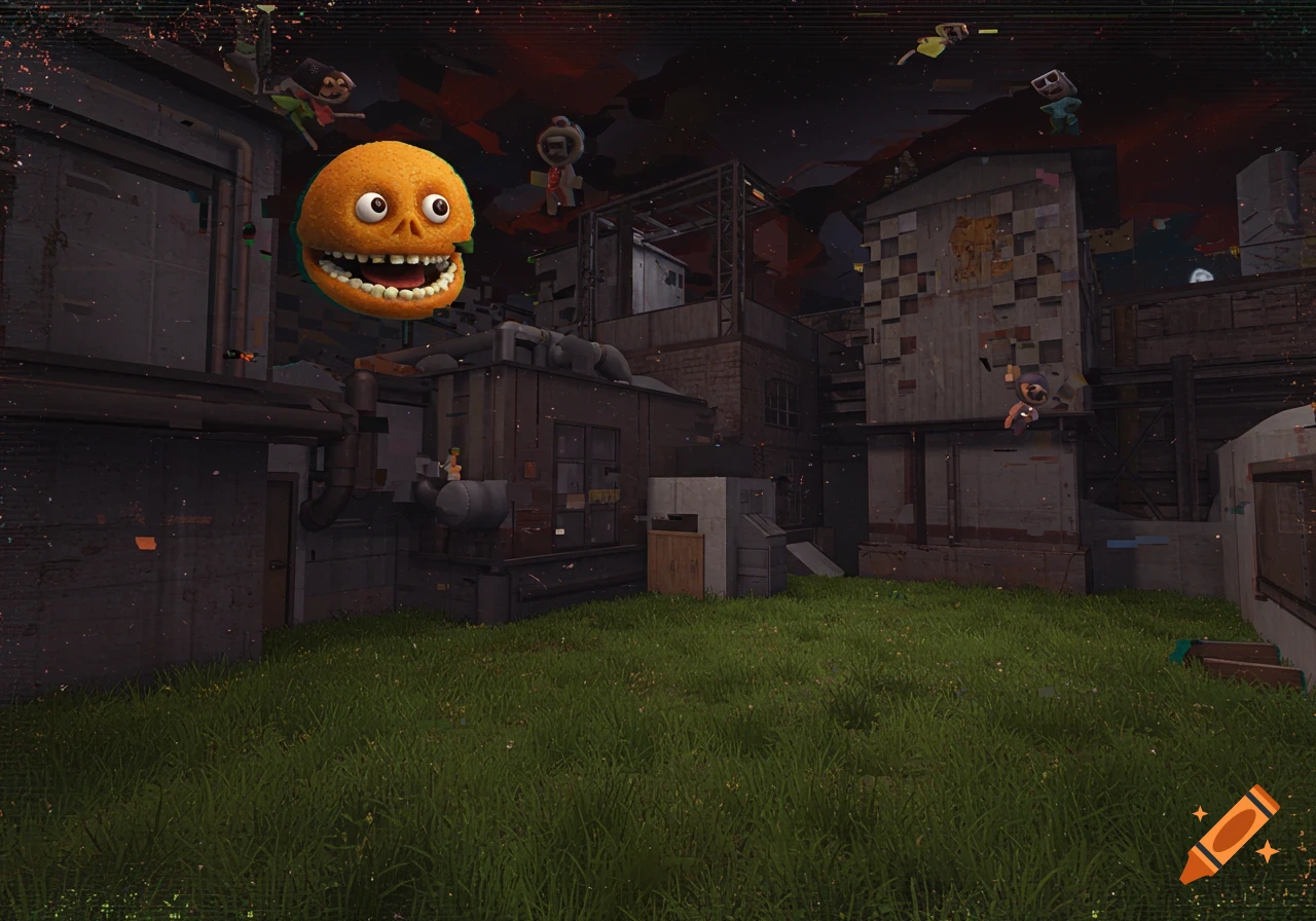 A large, grinning, orange-like creature floats above a grassy area in a gloomy, dilapidated urban environment with scattered, glitching figures. The image has a low-res, 'cursed image' aesthetic with visual errors.