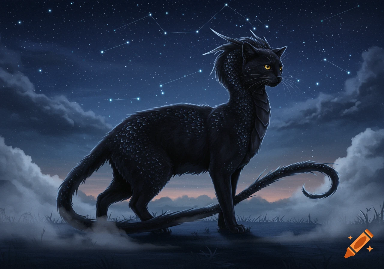 A black cat with dragon scales and features stands under a starry night sky with constellations and clouds.