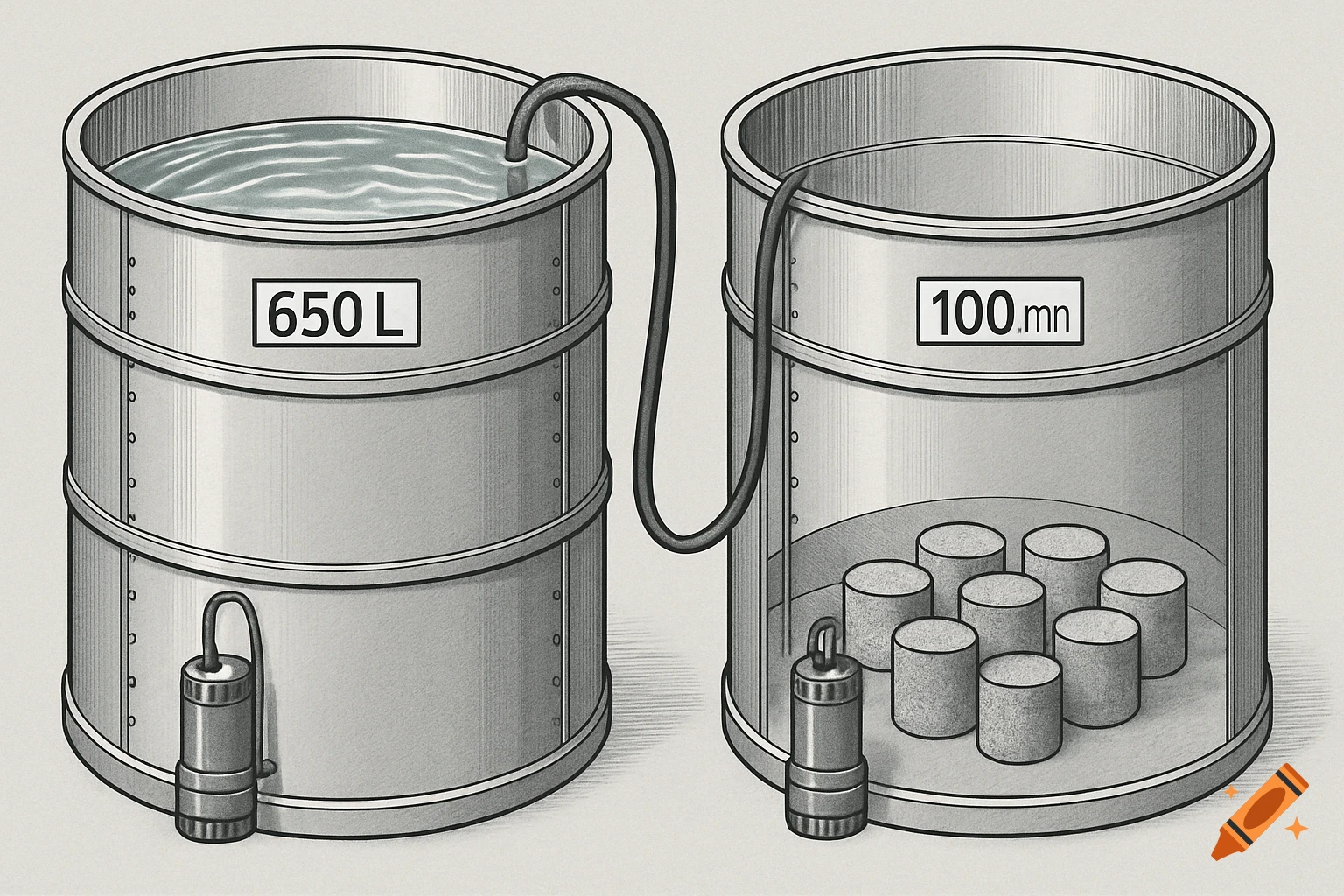 A schematic illustration of two large industrial tanks. One tank on the left is filled with water and labeled '650 L'. The tank on the right is empty except for several concrete samples at its base and is labeled '100.mn'. A hose connects a submersible pump in each tank to the other tank.