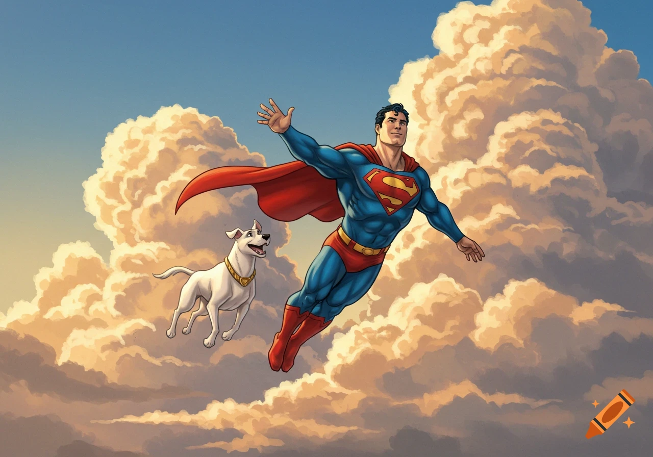 Superman and Krypto flying happily through fluffy clouds.