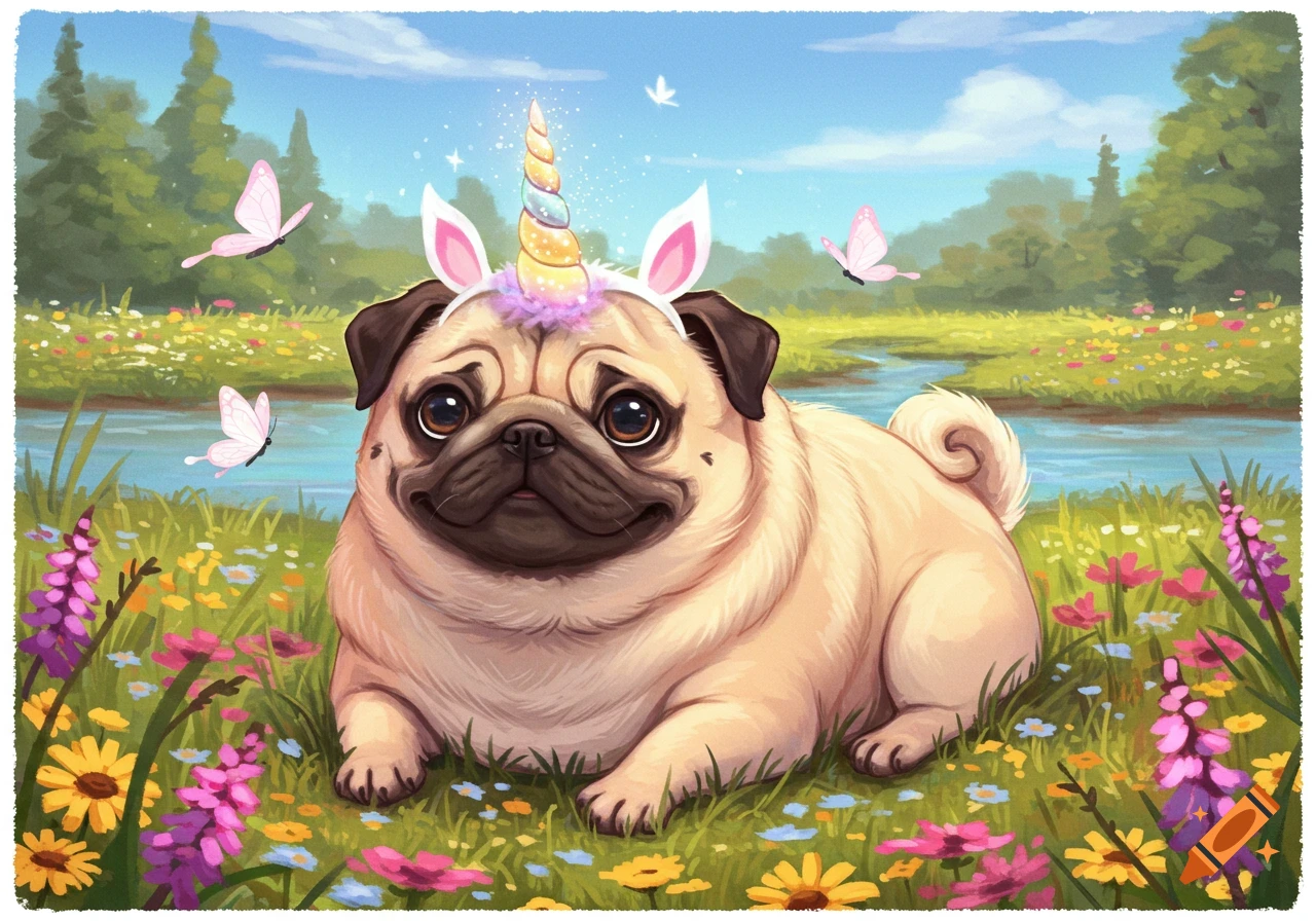 A cute pug wearing a unicorn horn and bunny ears sits in a field of colorful wildflowers by a stream with butterflies flying around.