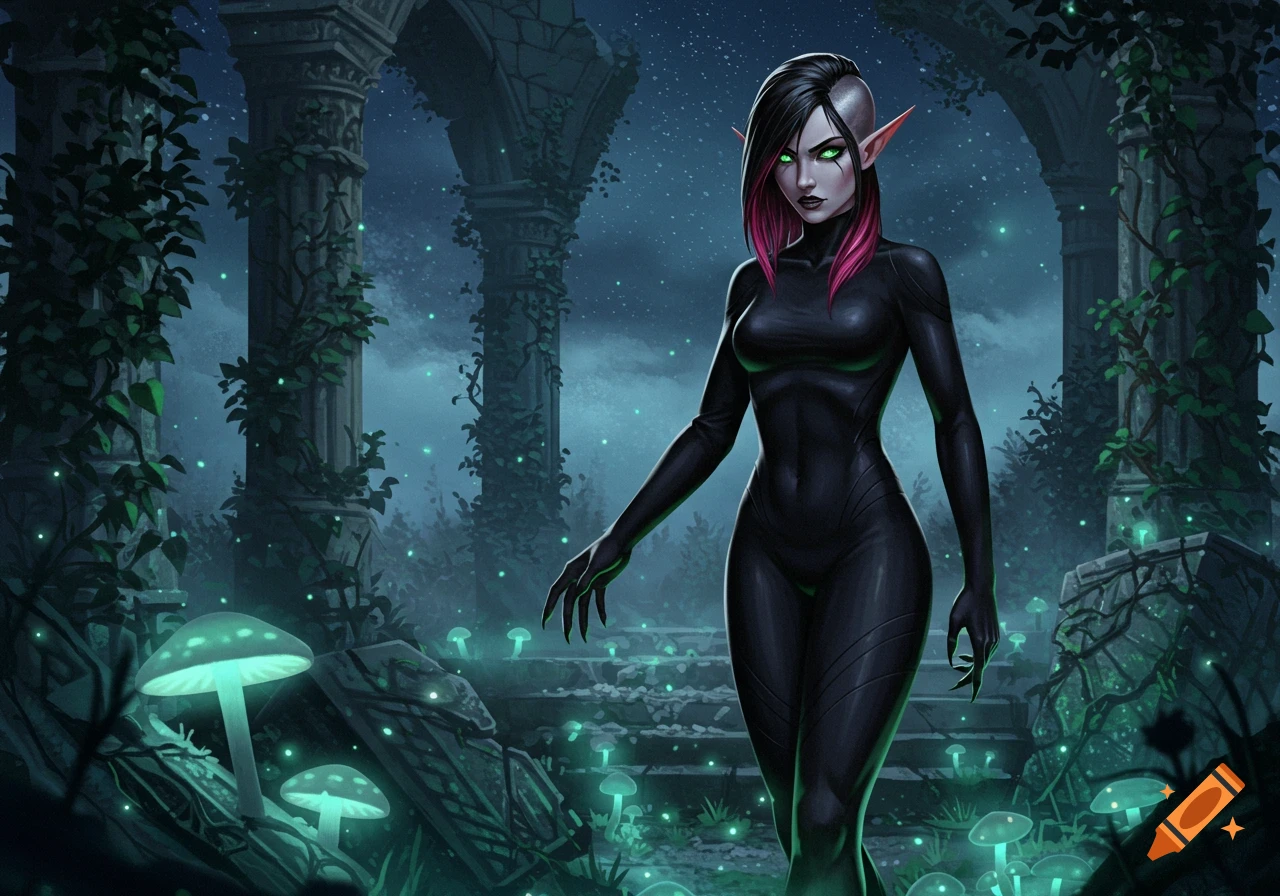 Illustration of a half-elf woman with black hair, pink highlights, and green eyes in a black suit, standing in dark fantasy ruins with glowing mushrooms.