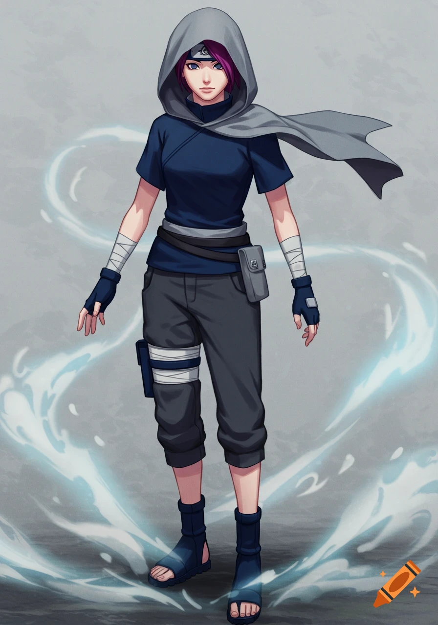 An anime-style female character in a grey hooded cloak, navy tunic, and charcoal pants stands surrounded by blue swirling energy.