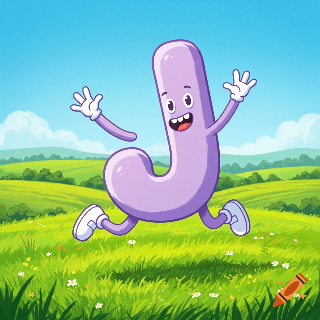 A cheerful light purple cartoon letter 'j' character with a face and limbs, jumping in a bright green grassy field.