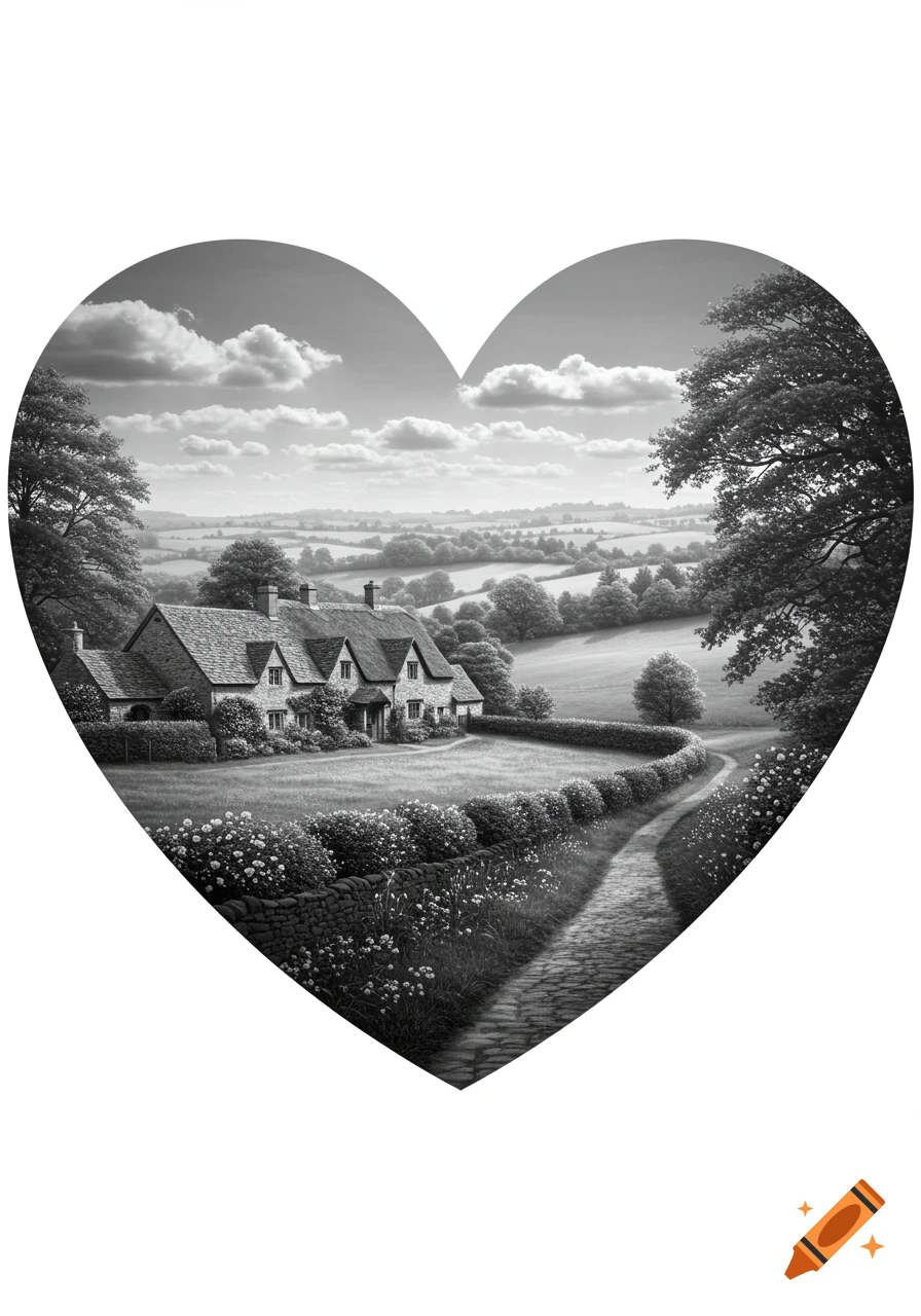 A black and white image of a picturesque cottage nestled in a rolling landscape, framed within a heart shape.