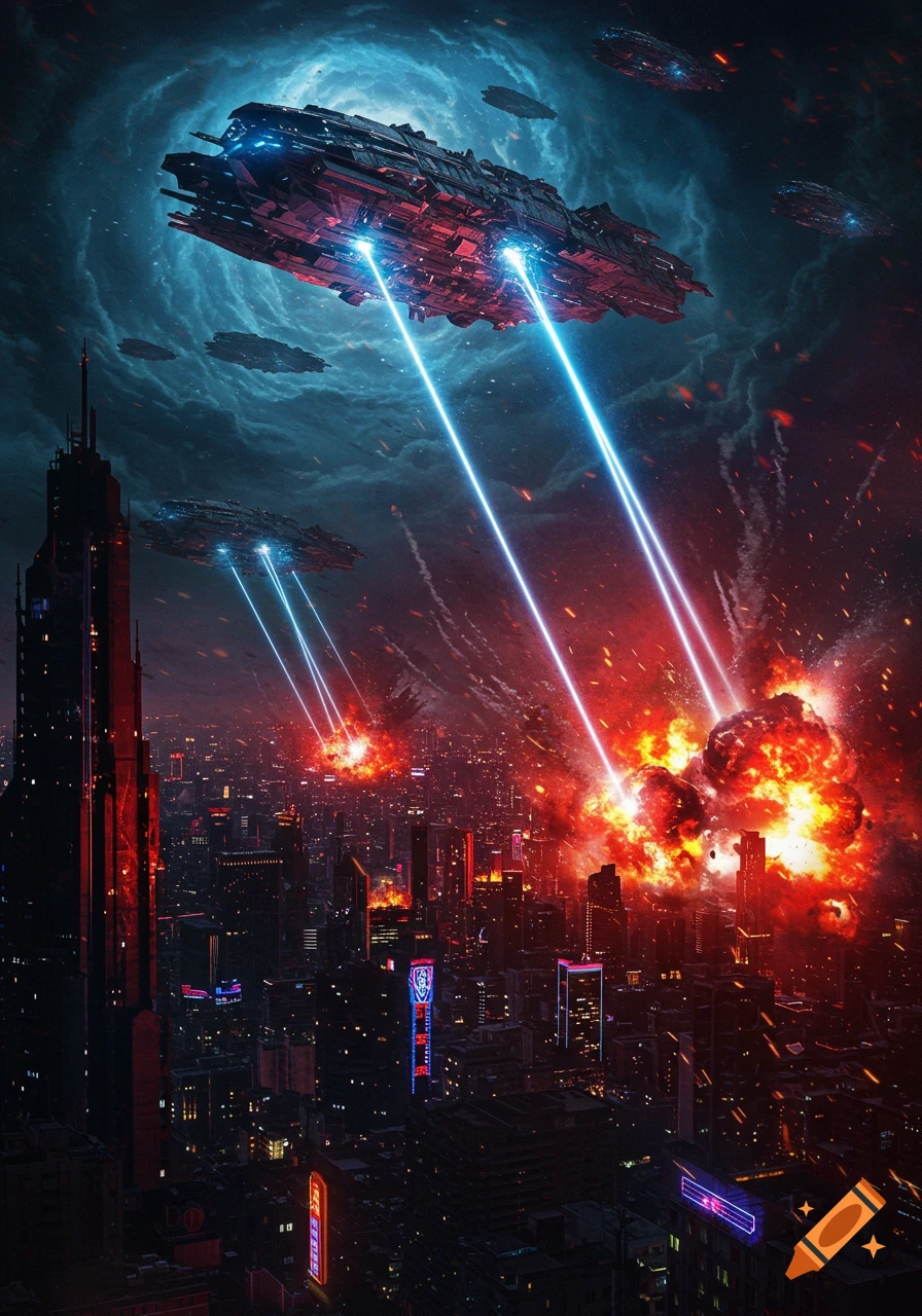 Futuristic city at night under attack by alien spaceships firing blue lasers, causing large red explosions.