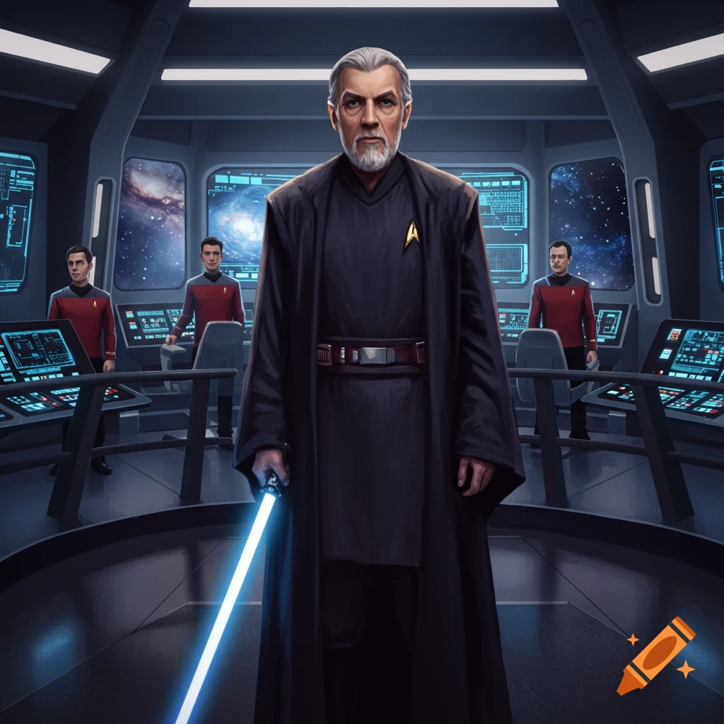 Count Dooku, with a white beard and black robe, holds a blue lightsaber on a Star Trek bridge with other Starfleet officers.