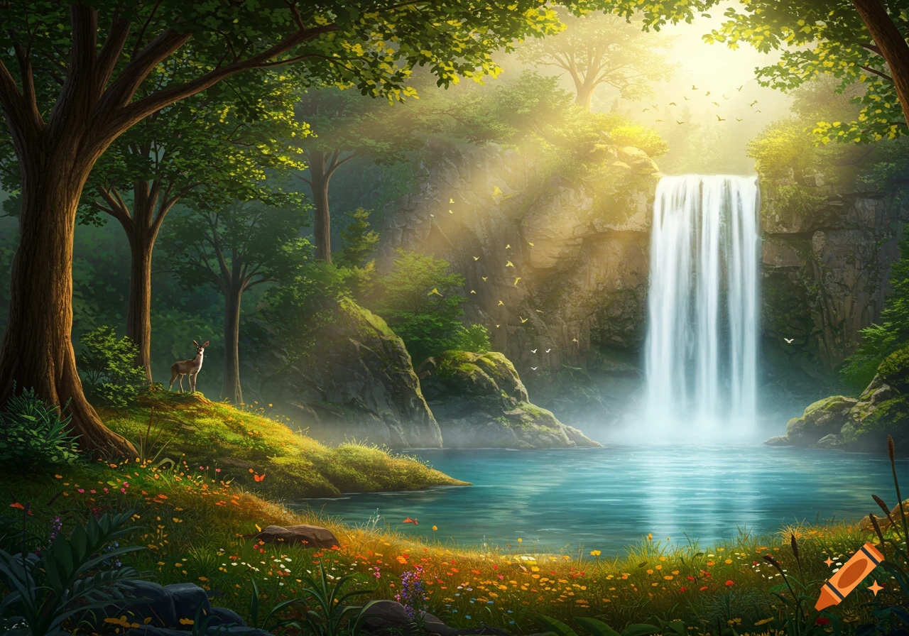 Lush forest scene with a majestic waterfall flowing into a blue lake, sunlight streaming through the trees, and a deer on a hill.