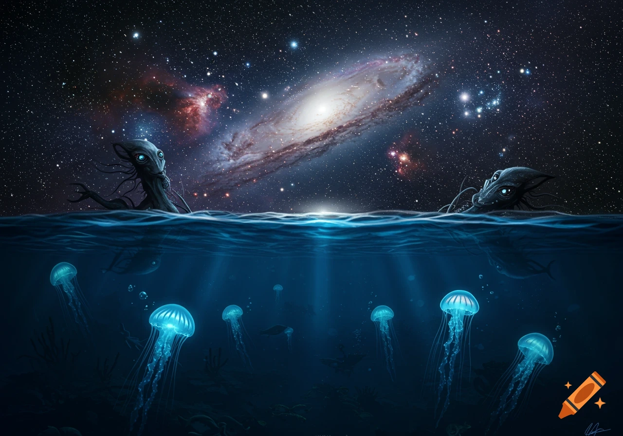 A surreal split view of a dark ocean with glowing jellyfish and alien creatures emerging at the surface against a starry galaxy sky.