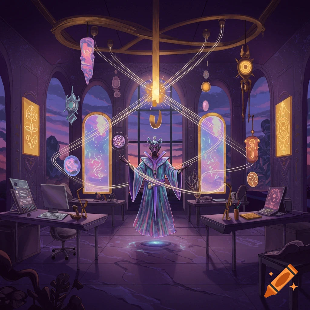 A purple-skinned alien-like sorcerer hovers in a futuristic chamber, surrounded by glowing mystic energies and scientific equipment, at sunset.