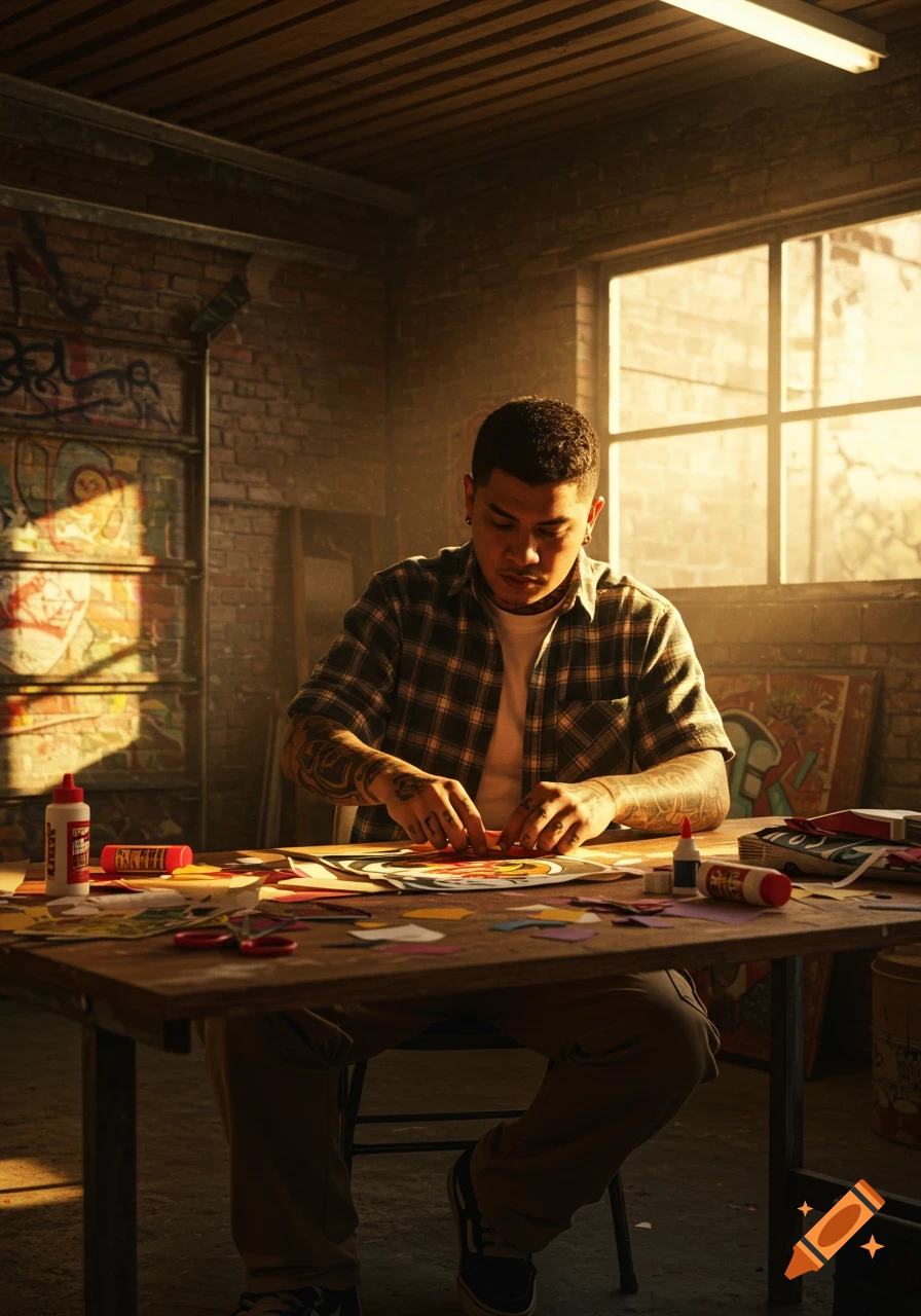 A man in a plaid shirt does paper crafts at a wooden table in a sunlit art studio, photorealistic.