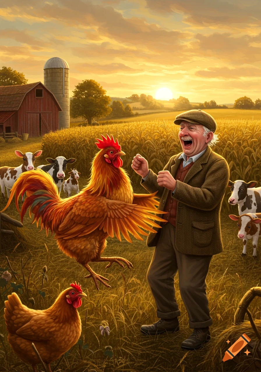 An old man laughs as a large rooster appears to dance towards him in a golden field at sunset, with cows and a hen nearby.