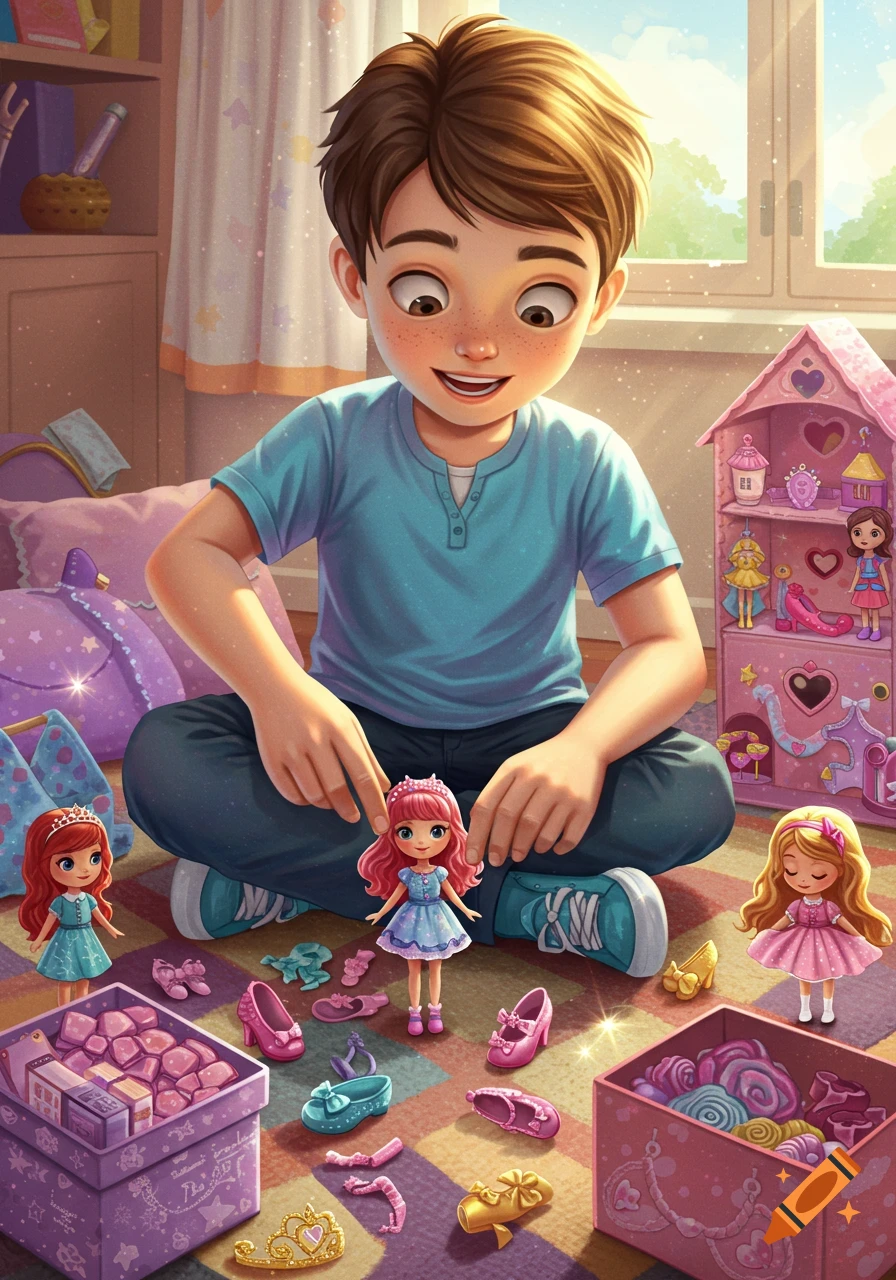 An illustrated image of a boy playing with princess dolls and accessories on a colorful rug in a sunlit room.