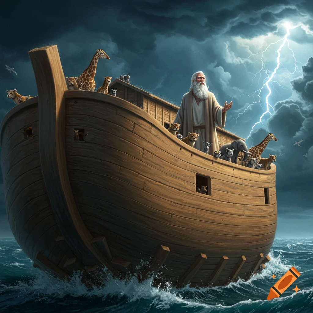 Noah stands on his wooden ark, surrounded by animals, under a stormy sky with a bright lightning strike.