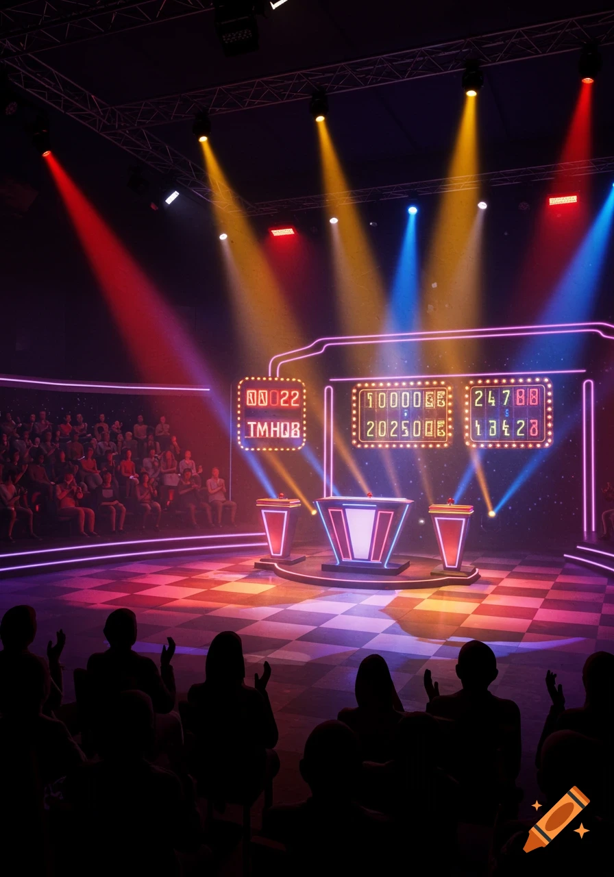 A vibrant game show stage with brightly lit podiums, scoreboards, a checkerboard floor, and a silhouetted audience.