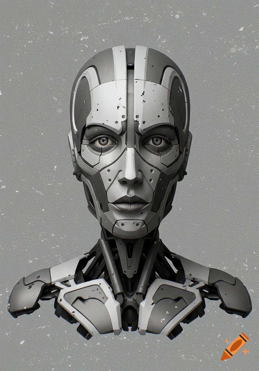 A detailed bust of a female robot with metallic, segmented armor and visible mechanical parts against a gray background.