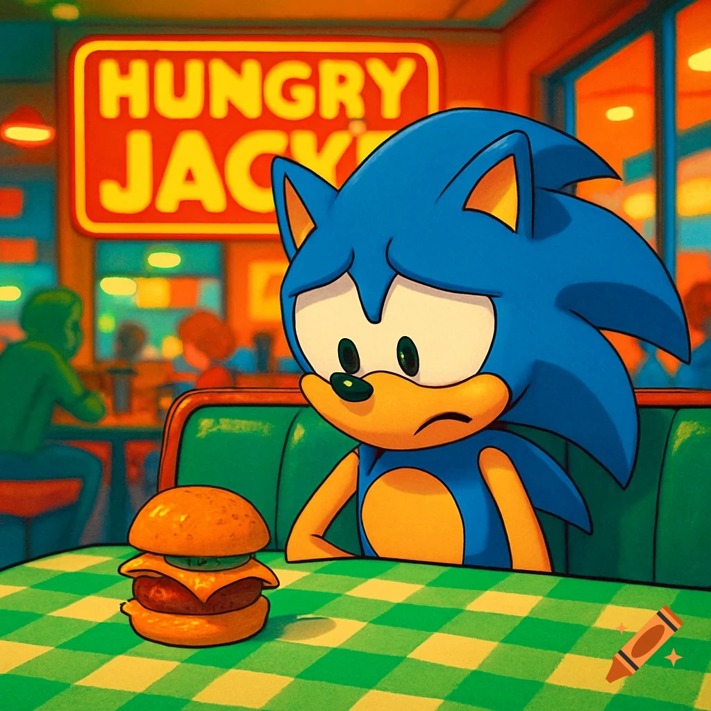 Sad Sonic the Hedgehog sits at a green checkered table with a small burger in a fast food restaurant with a "Hungry Jacki" sign.