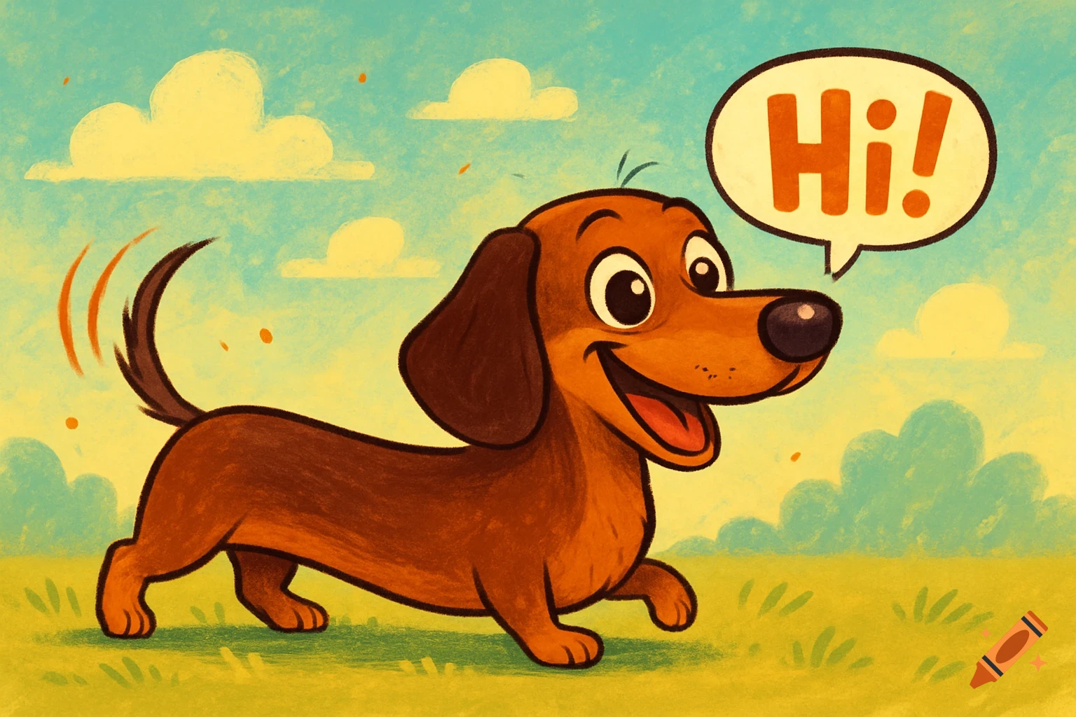 A happy brown cartoon dachshund with floppy ears wags its tail in a green field under a blue sky, with a speech bubble saying 'Hi!'.
