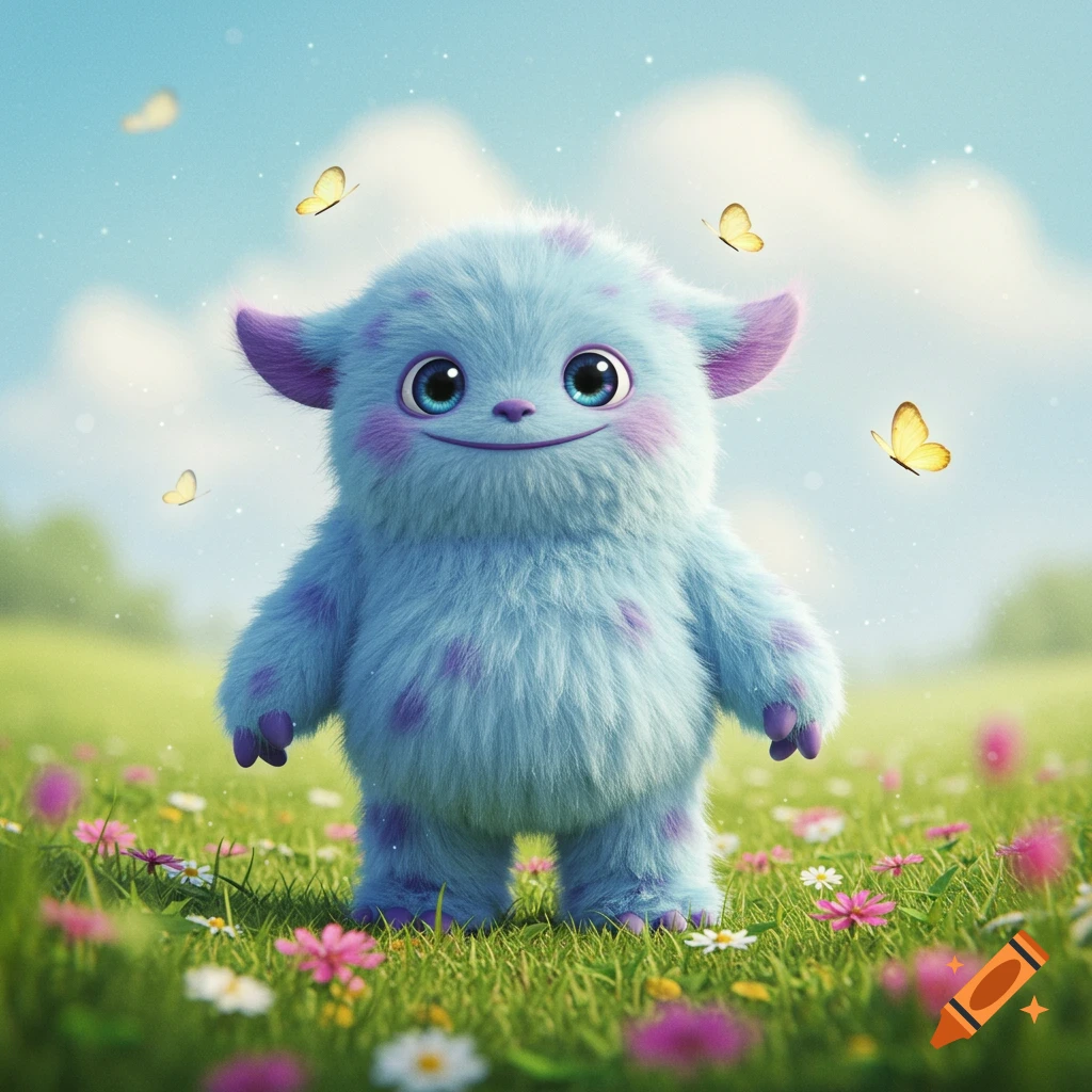 A cute blue furry monster with big eyes and purple spots stands in a sunny flower field with butterflies.