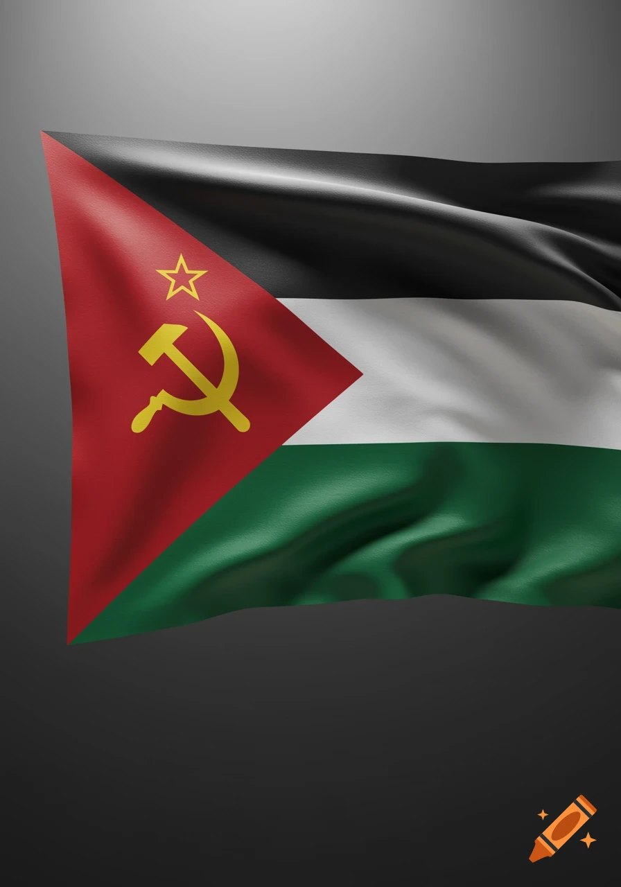 A flag featuring black, white, and green stripes, with a red triangle on the hoist side containing a yellow hammer and sickle and star.