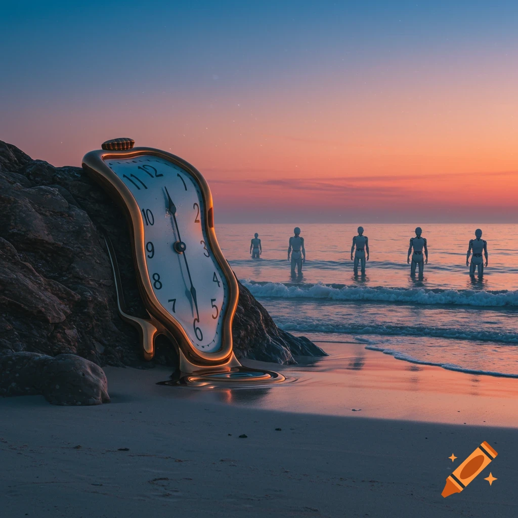 A surreal, melting golden clock sits on a rocky beach at sunset, with five humanoid robots standing in the ocean.