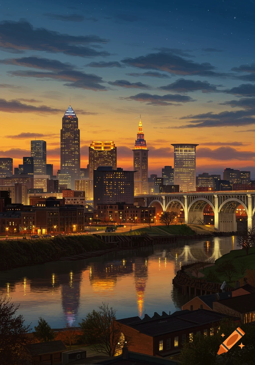 Cleveland skyline at dusk with illuminated skyscrapers, a large arch bridge over a river, and a colorful orange and blue sky.