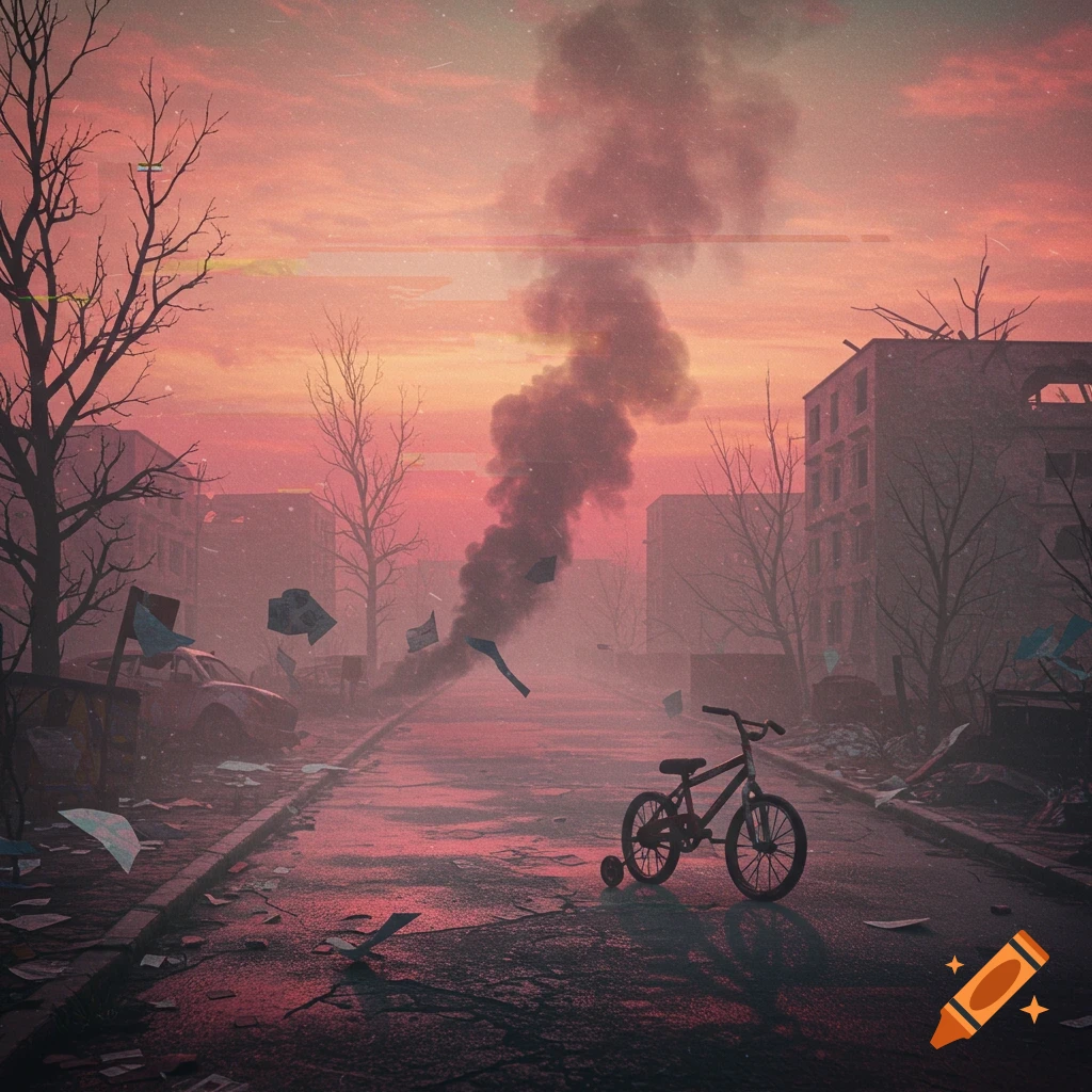 A desolate, ruined city street at sunset, with a child's bicycle in the foreground and a large plume of smoke rising in the distance, portraying a low-fi apocalyptic scene.
