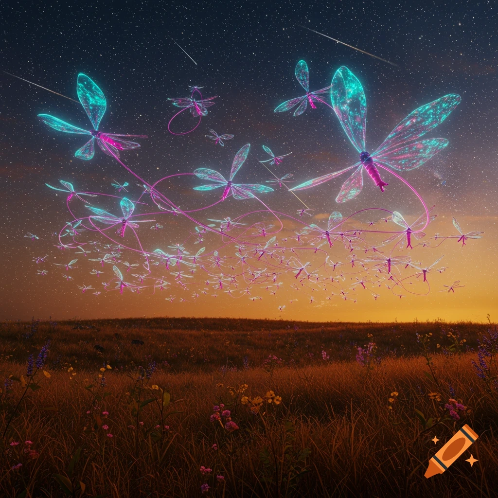 Glowing dragonfly-like creatures with pink trails soar over a field under a starry twilight sky.