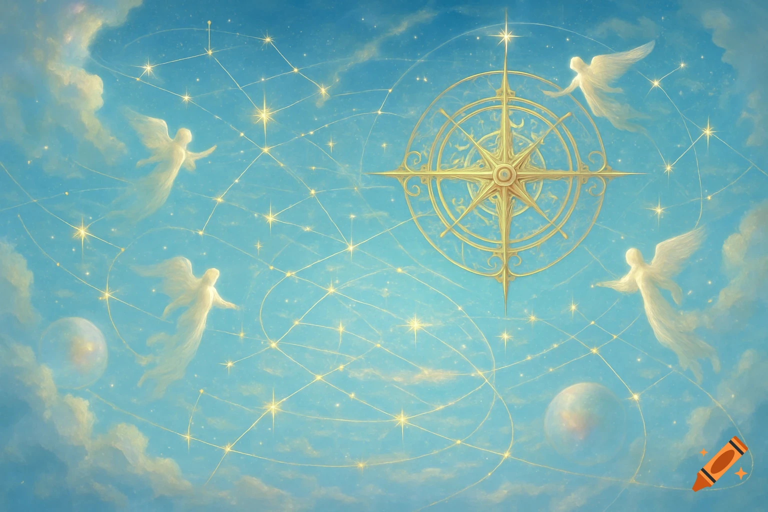 Ethereal angels, stars, and a golden compass rose float in a celestial blue sky with clouds, resembling a map.