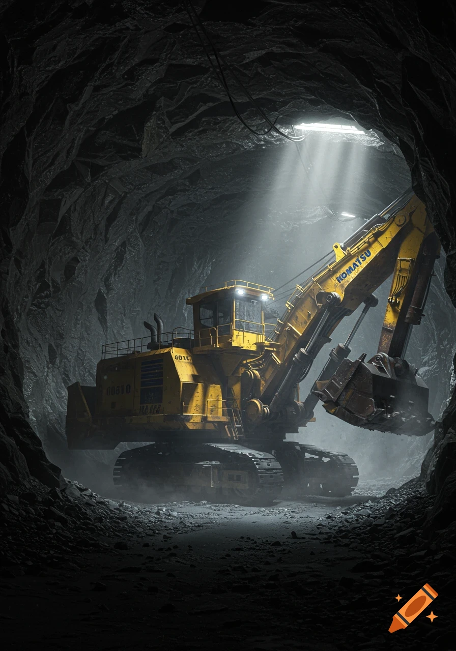 A large yellow Komatsu excavator with a digging bucket sits inside a dark, rocky underground mine, illuminated by shafts of light.