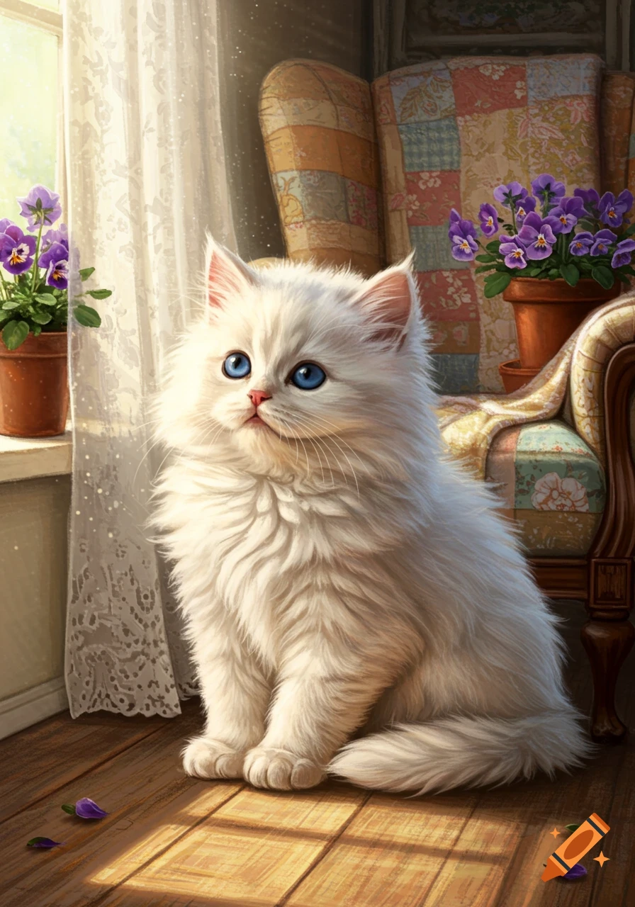 A fluffy white cat with blue eyes sits on a wooden floor, bathed in sunlight, by a window with sheer curtains and a potted plant, next to a patterned armchair.