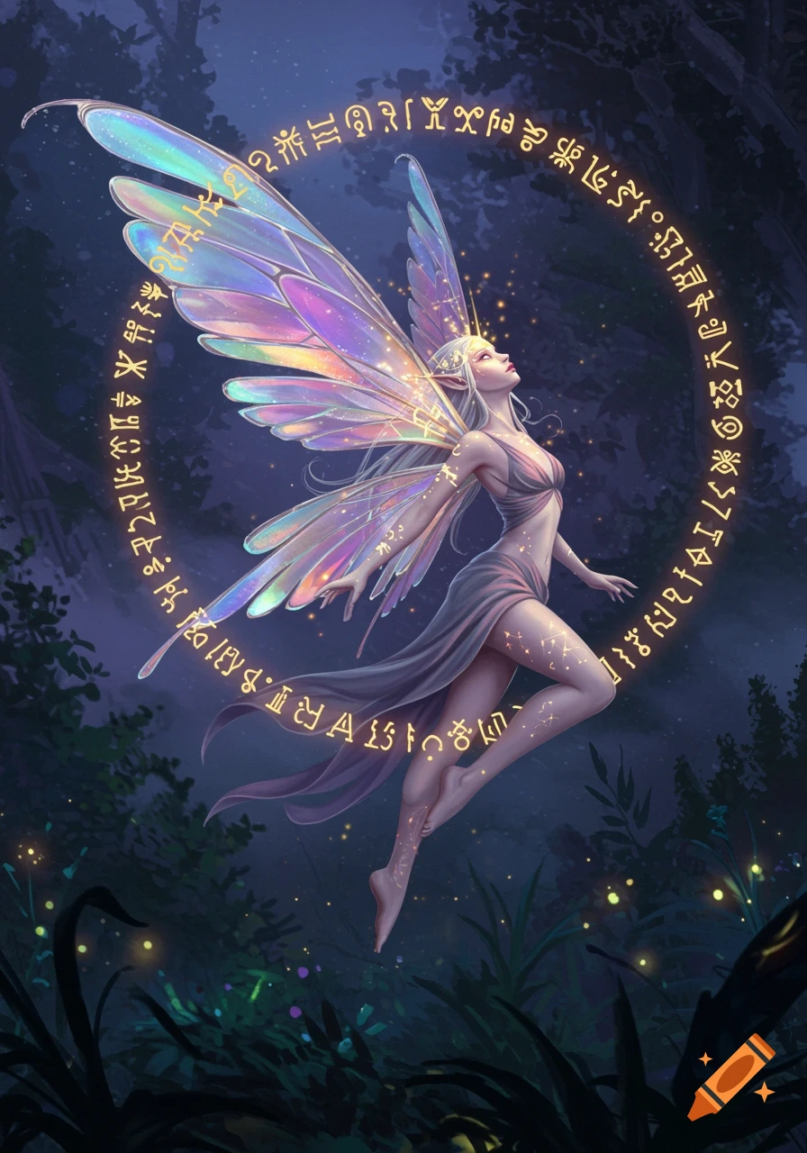 A luminous fairy with iridescent wings and glowing symbols on her body and orbiting her in a dark, magical forest.