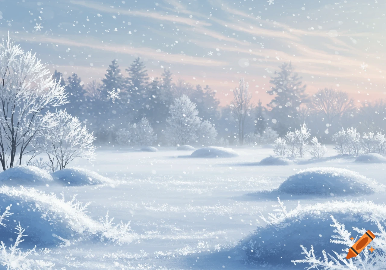 A serene winter landscape covered in snow with bare trees, evergreens, and falling snowflakes under a soft sky.