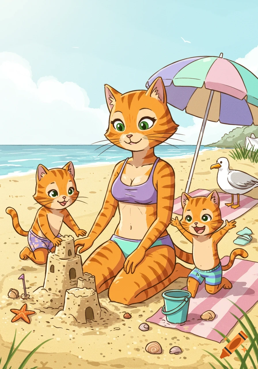 Cartoon illustration of an anthropomorphic mother cat in a bikini with her two kitten children playing at a sandy beach, building a sandcastle.