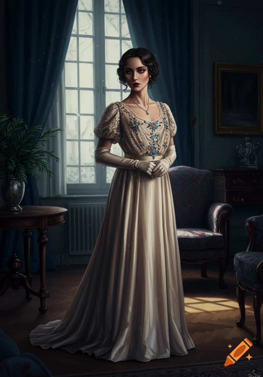 A woman in a long, elegant 1912-style cream gown and gloves stands in a dim room by a window.