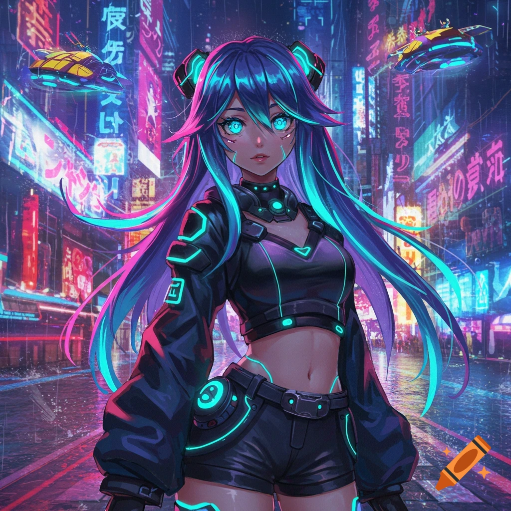 An anime girl with blue and pink hair in a cyberpunk city at night with neon lights.